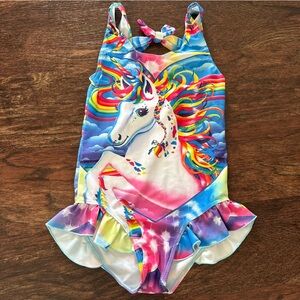 Rainbow Unicorn One Piece Swimsuit Ruffle Tie Back Size 120 Like Lisa Frank